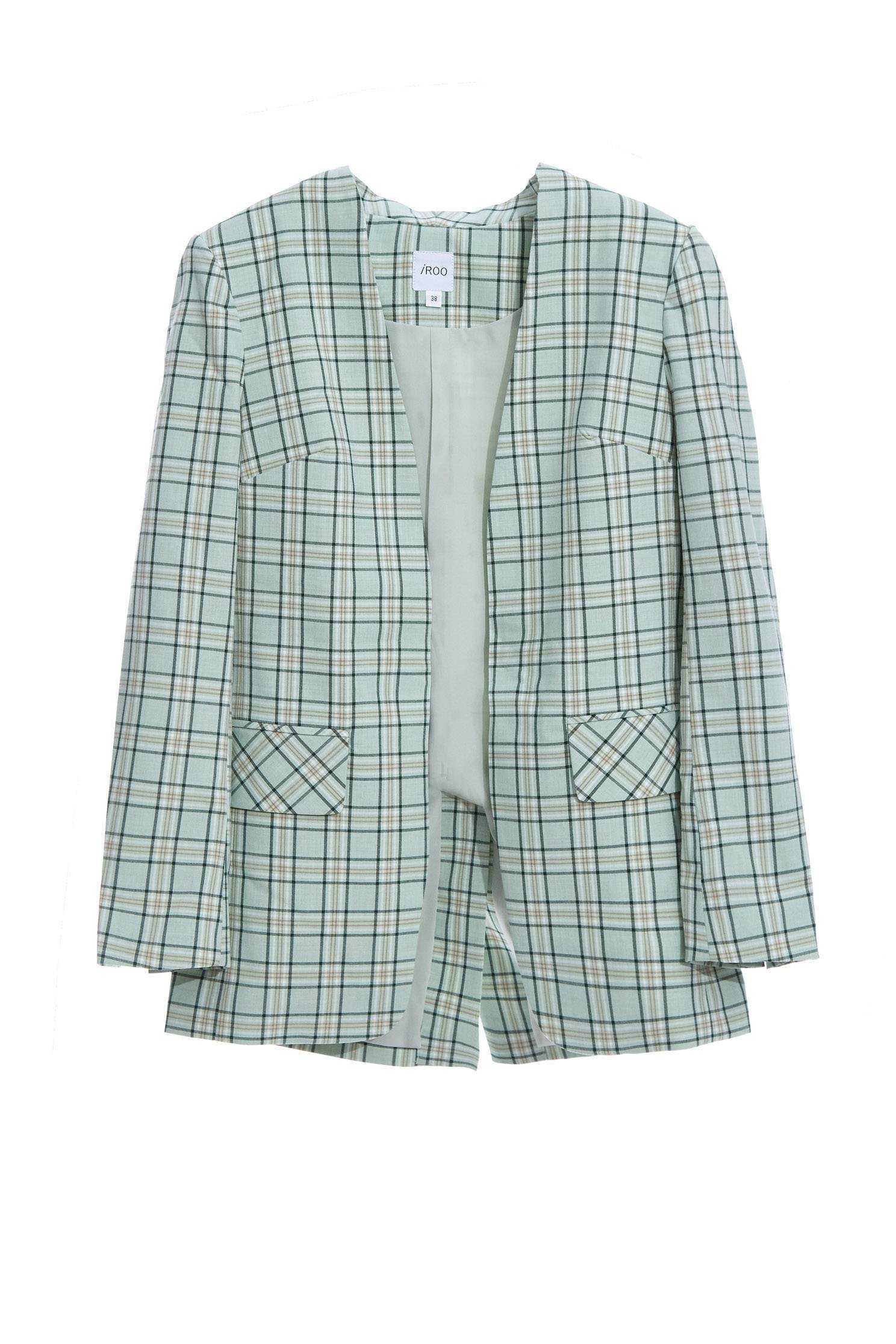 綠色交織駝色格紋西裝外套