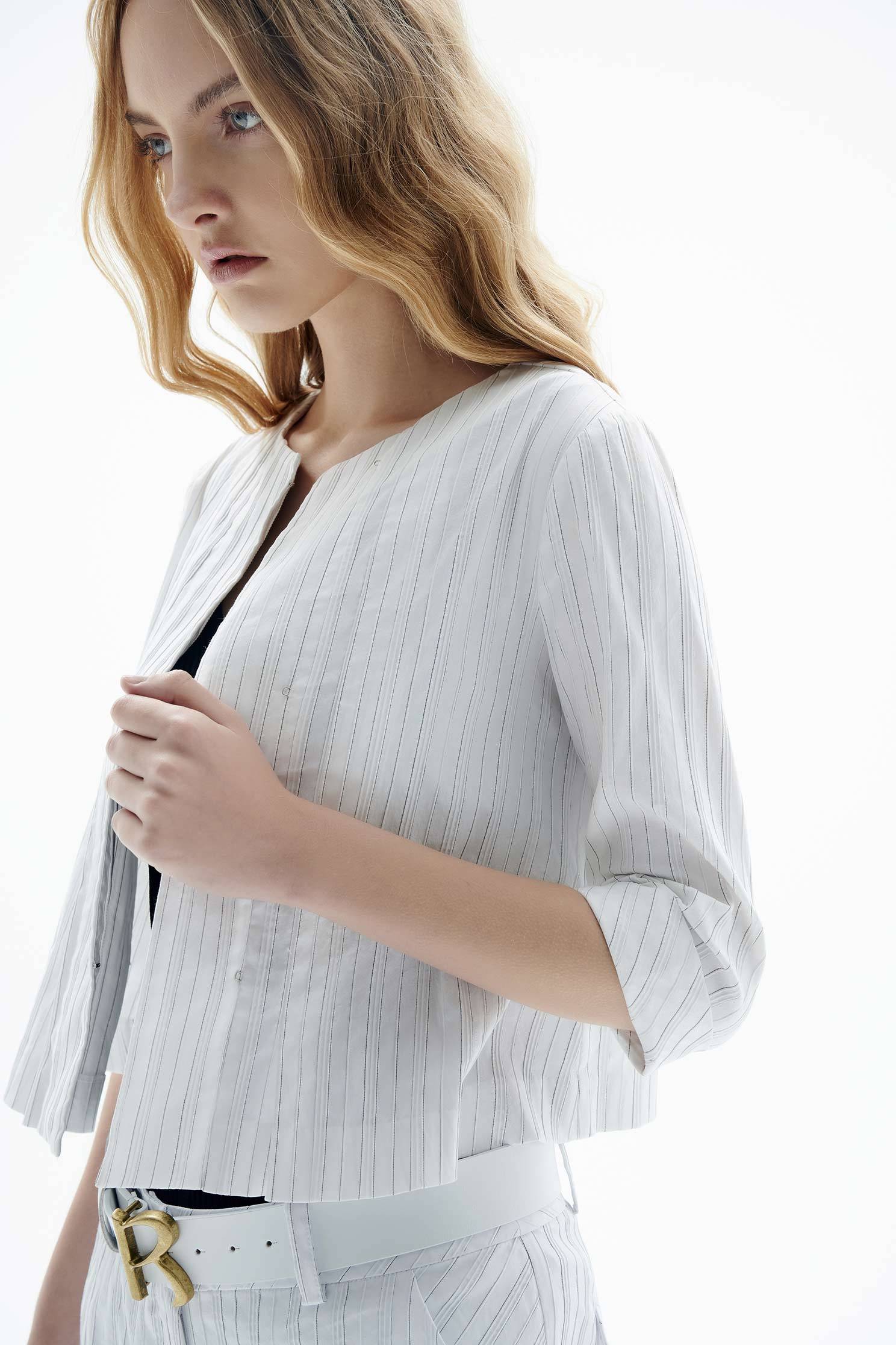 Elegant striped round neck coat top,Jackets,Tops,Outerwear,Season (SS) Look,Stripe,White outerwear,Season (AW) Look,ruffle
