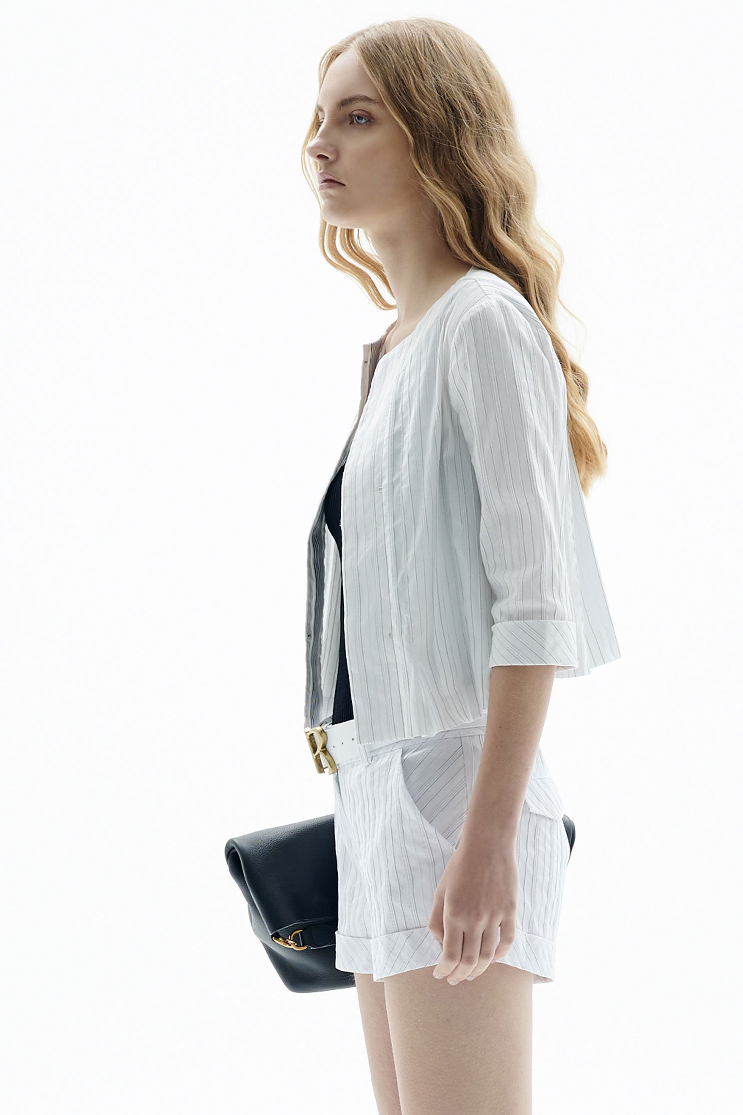 Elegant striped round neck coat top,Jackets,Tops,Outerwear,Season (SS) Look,Stripe,White outerwear,Season (AW) Look,ruffle