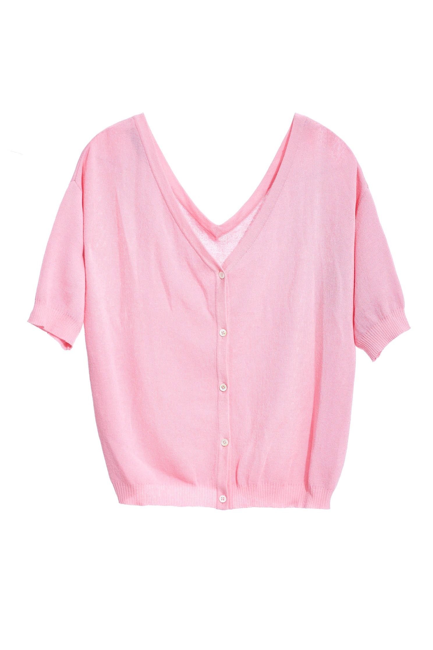 V領鈕釦開襟小外套粉色大V領鈕釦女人設計短袖上衣,上衣,外套,短袖上衣,針織,針織外套