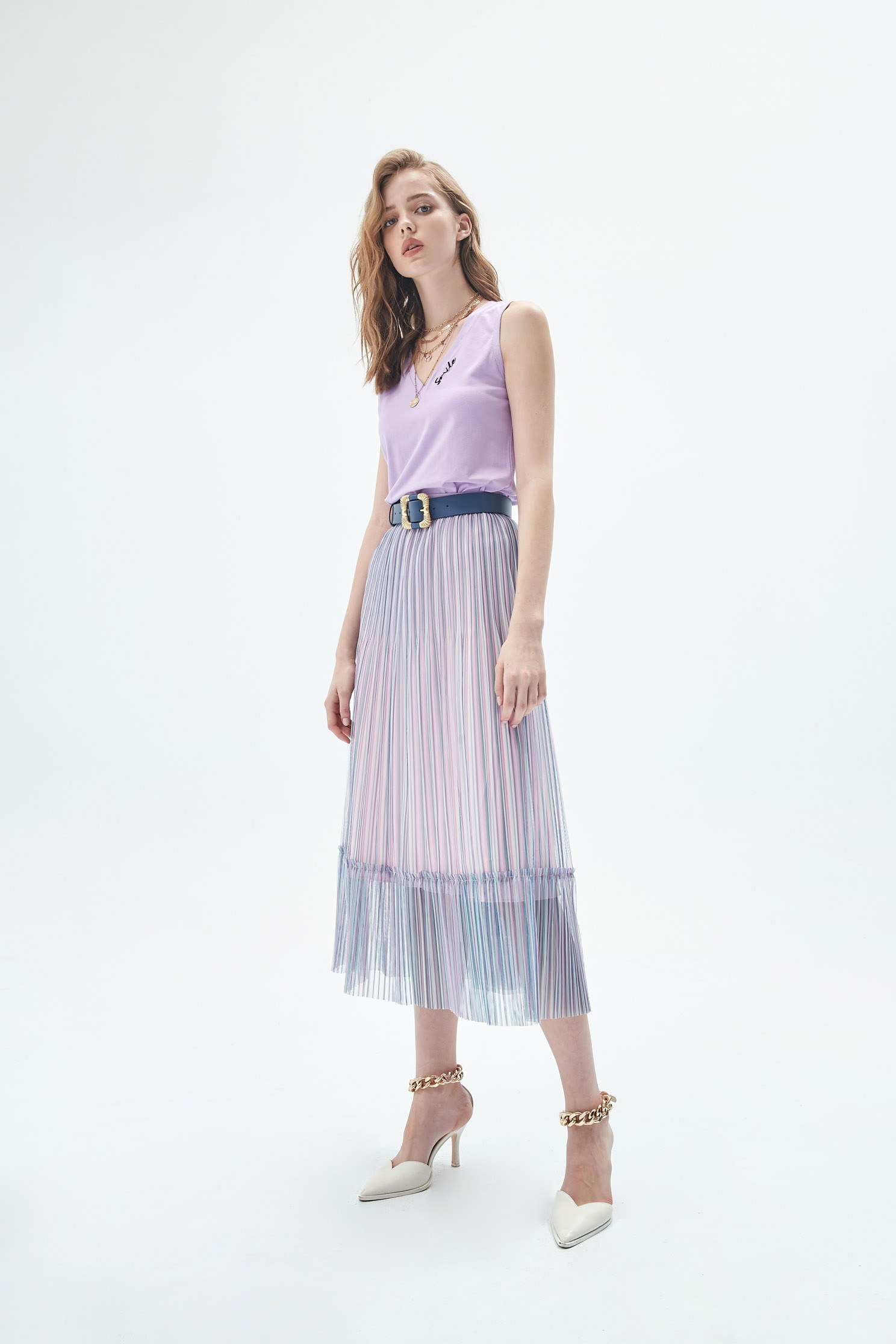 Colorful strip print tulle dress,Season (SS) Look,coolsummer,Trends,iROO LIVE,Mesh fabric,Midi skirts