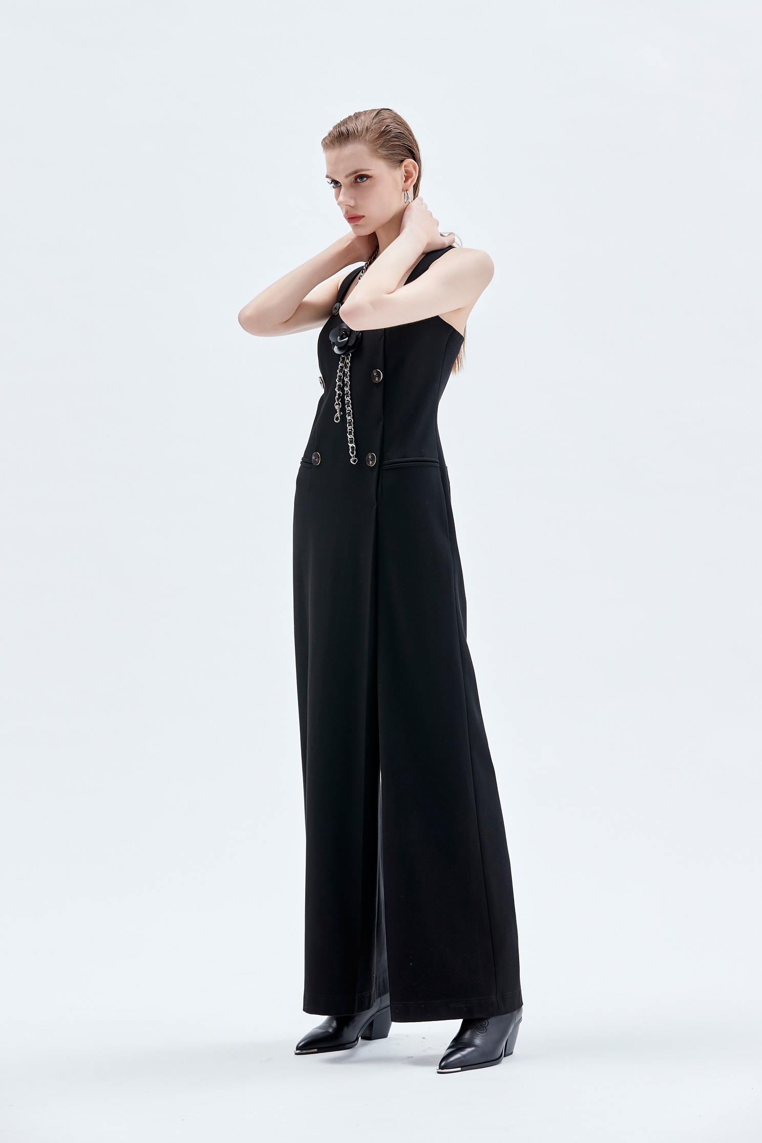 變化裙片式名模連身大寬褲Front Panel Sleeveless Jumpsuit,人氣商品,寬褲,秋冬穿搭,褲子,連身褲