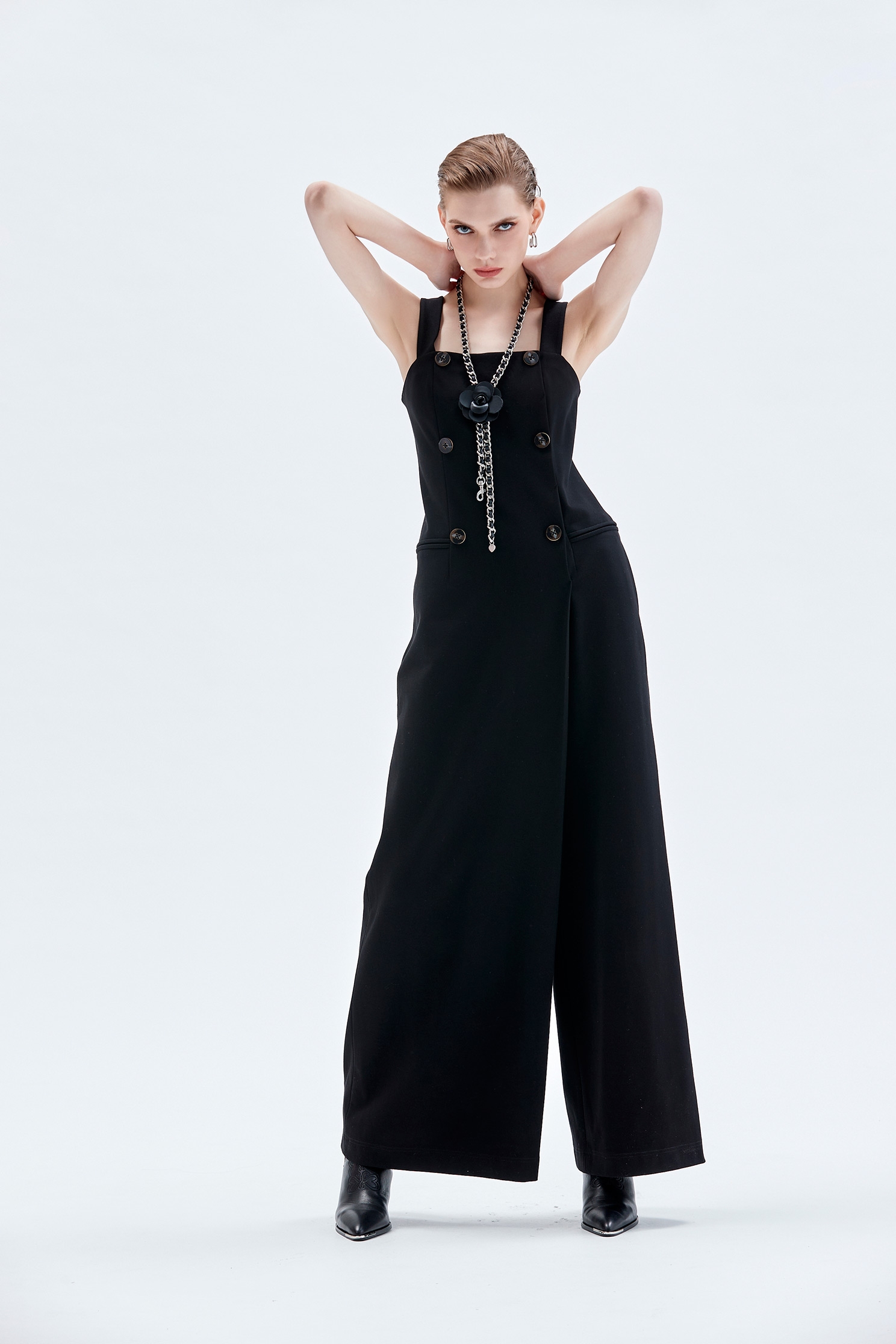 變化裙片式名模連身大寬褲Front Panel Sleeveless Jumpsuit,人氣商品,寬褲,秋冬穿搭,褲子,連身褲