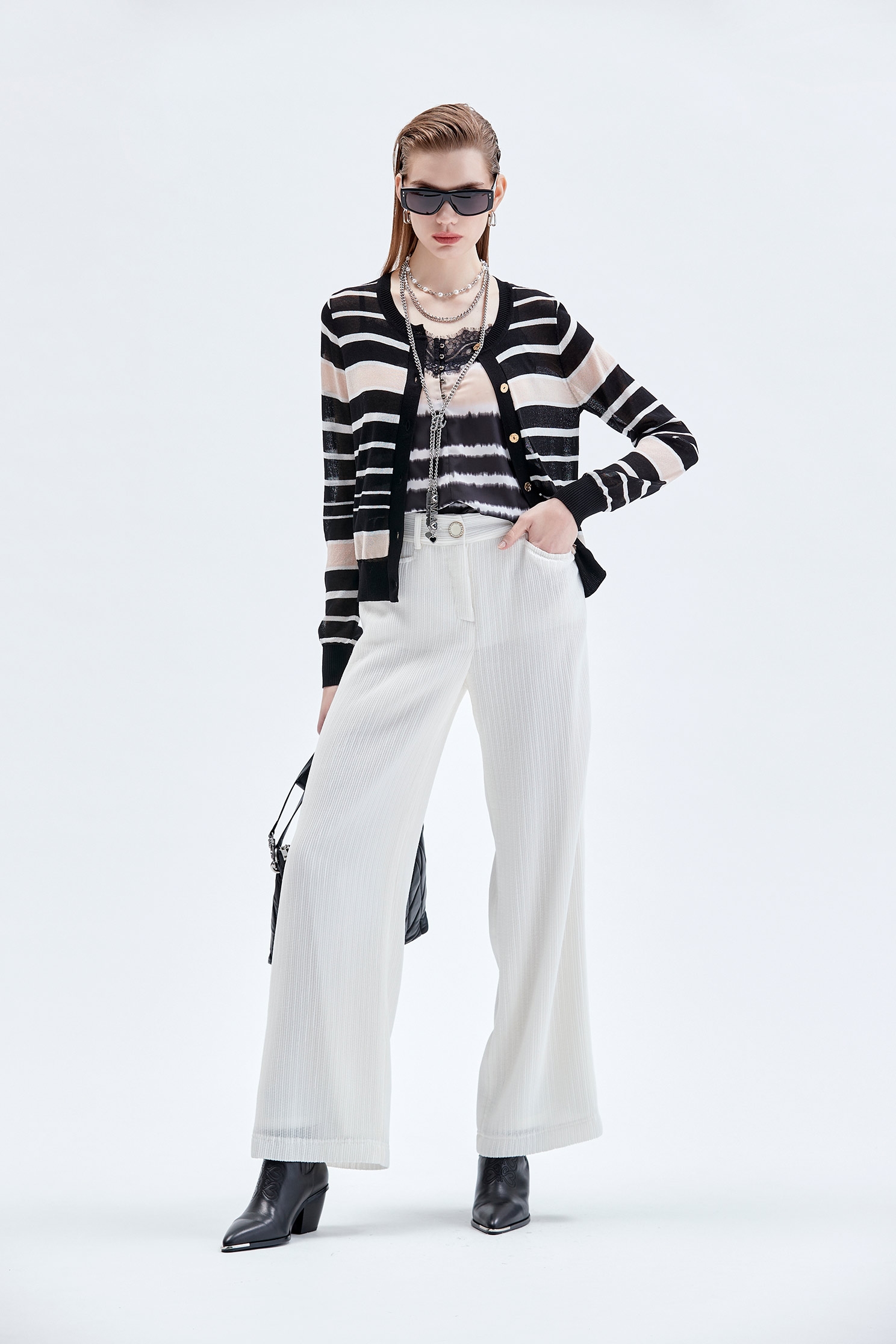 奶白色彈性坑條直筒寬褲Wide Leg White Pants,寬褲,時髦成套搭配,白色褲子,白色長褲,秋冬穿搭,褲子