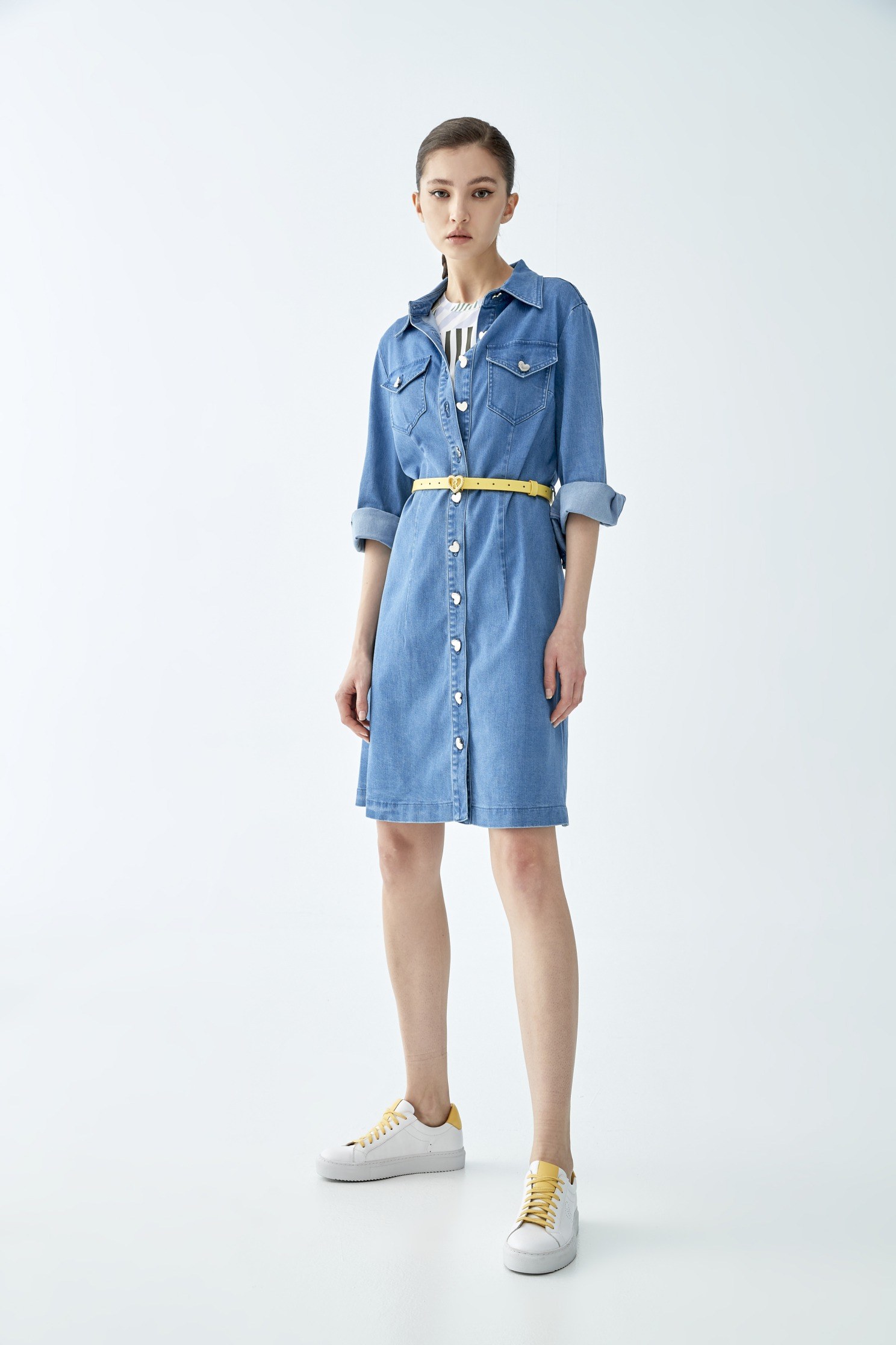 Denim shirt-style dress with love buttons,Rayon,Season (SS) Look,Denim,Blouses