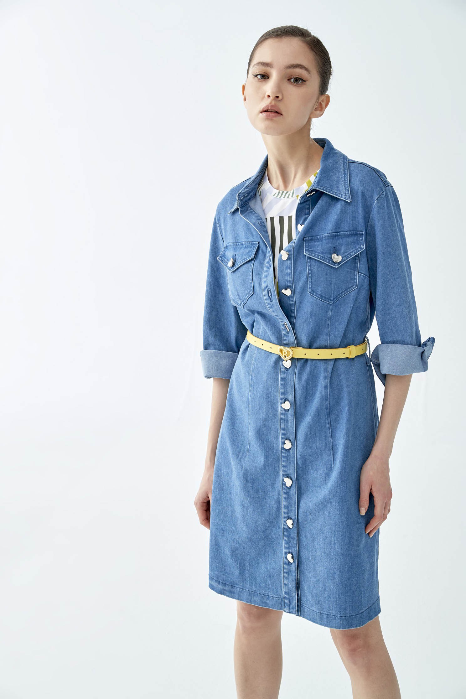 Denim shirt-style dress with love buttons,Rayon,Season (SS) Look,Denim,Blouses