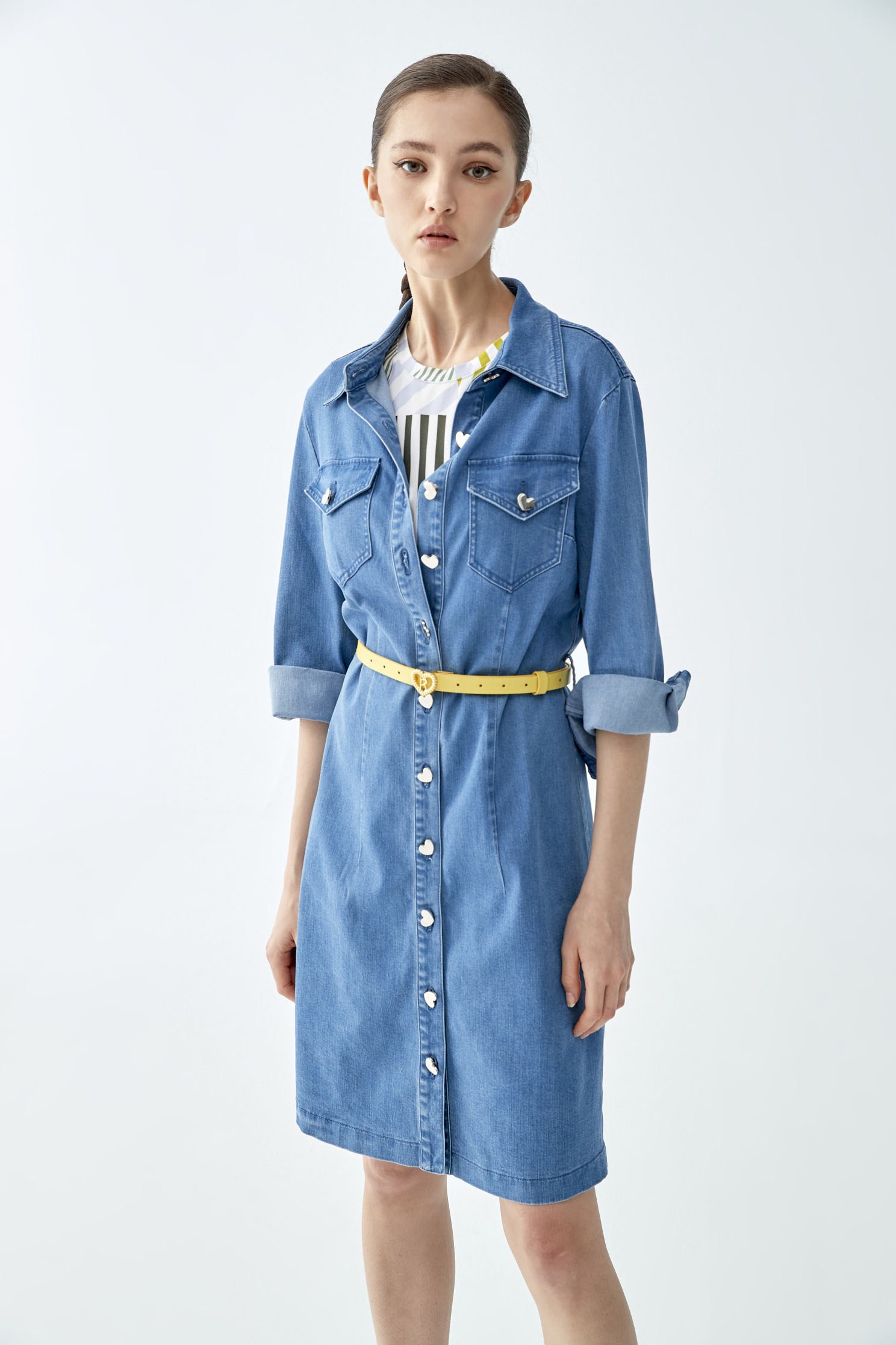 Denim shirt-style dress with love buttons,Rayon,Season (SS) Look,Denim,Blouses