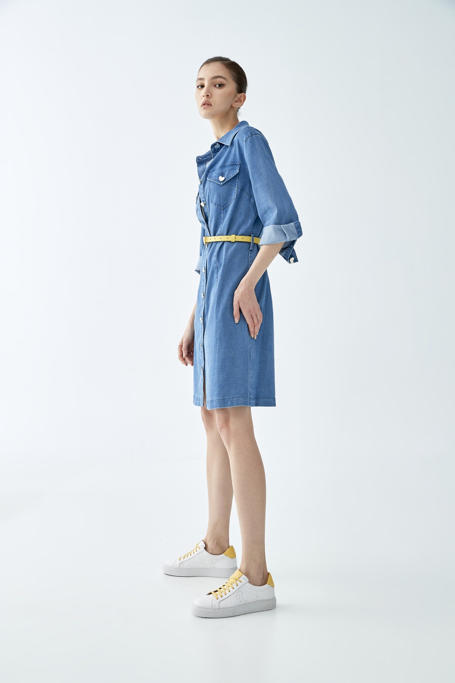 Denim shirt-style dress with love buttons,Rayon,Season (SS) Look,Denim,Blouses