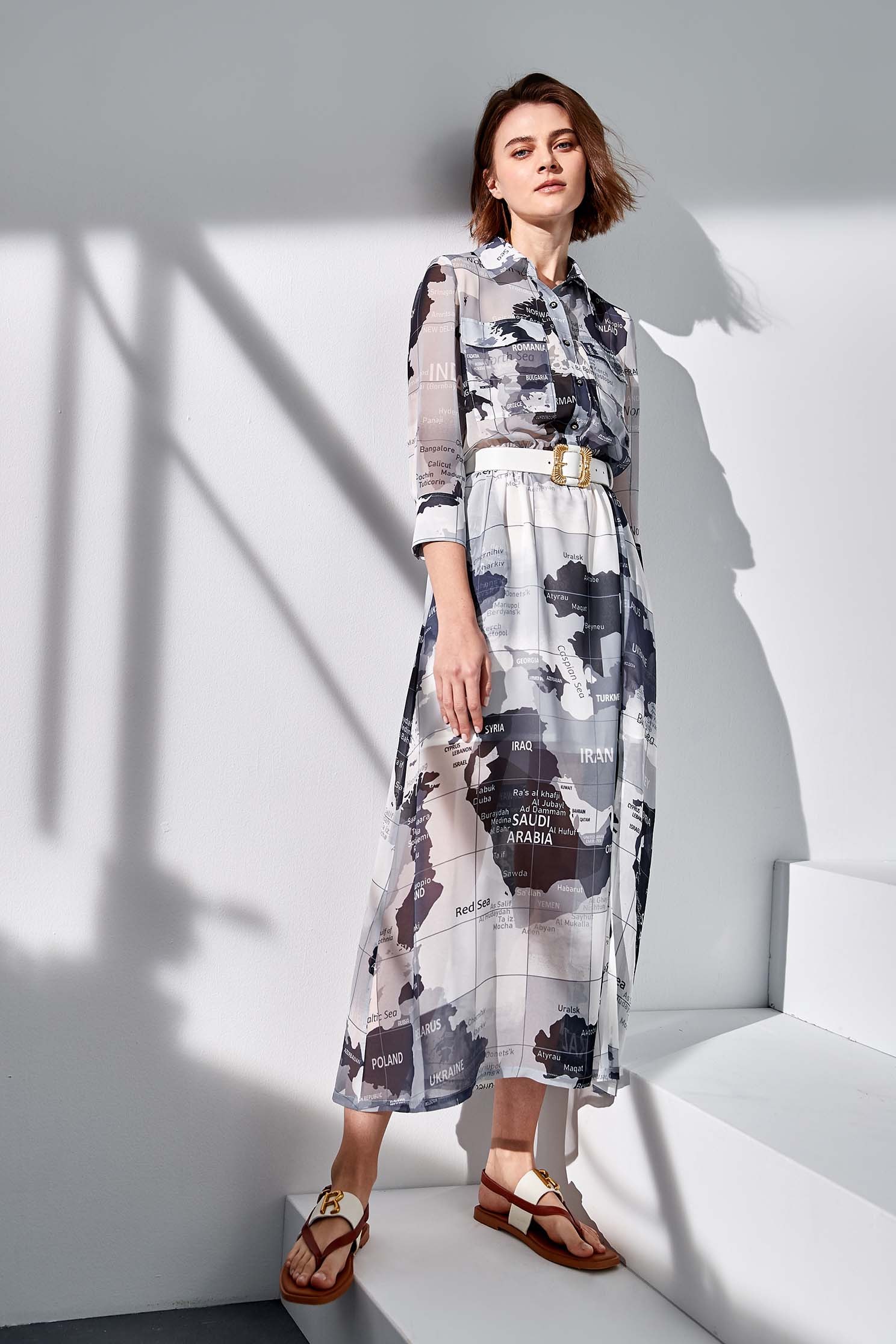 Long chiffon dress with world map printing,Chiffon dresses,Season (SS) Look,Blouses,Maxi dresses,Chiffon,Chiffon dresses