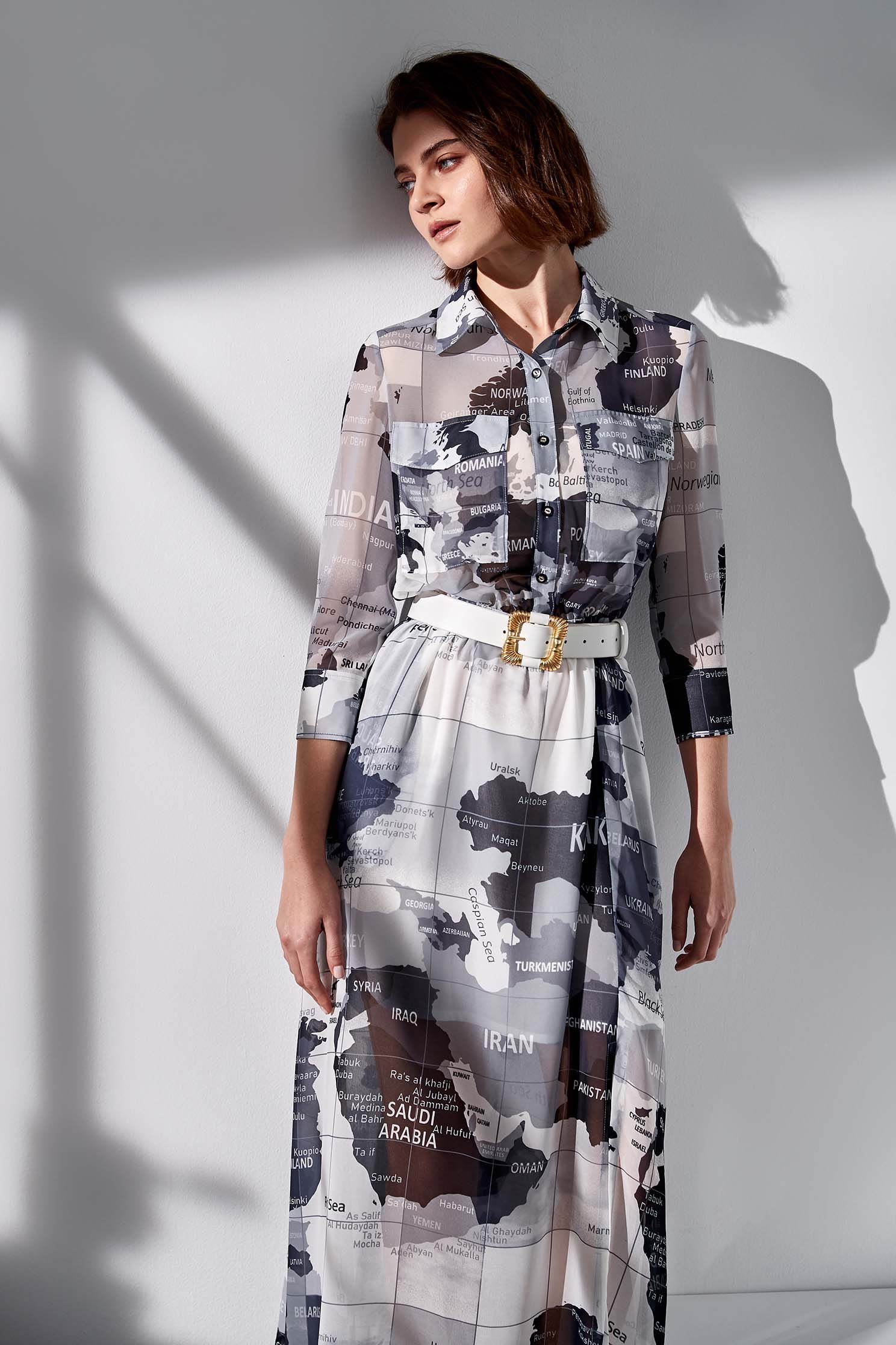 Long chiffon dress with world map printing,Chiffon dresses,Season (SS) Look,Blouses,Maxi dresses,Chiffon,Chiffon dresses