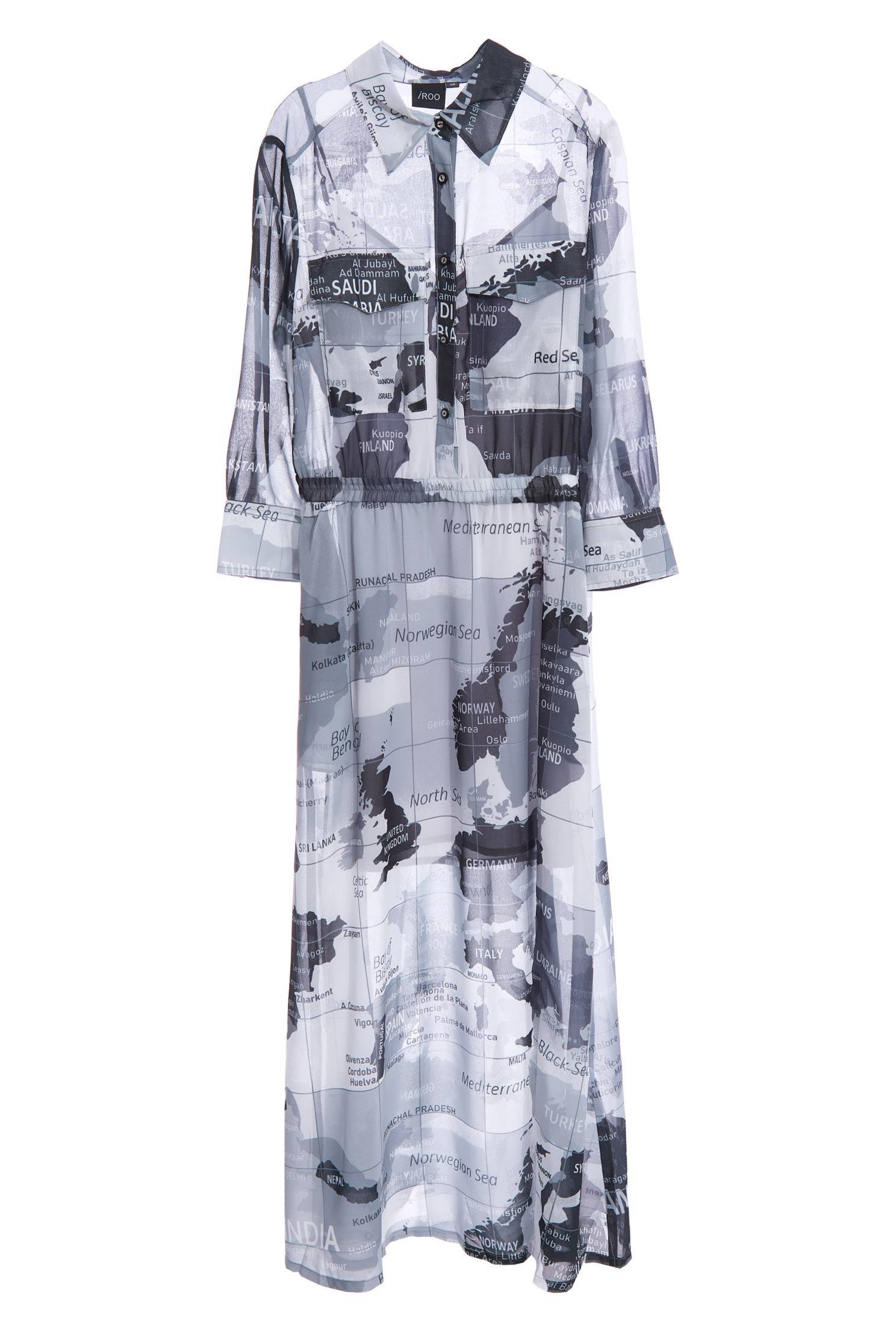 Long chiffon dress with world map printing,Chiffon dresses,Season (SS) Look,Blouses,Maxi dresses,Chiffon,Chiffon dresses