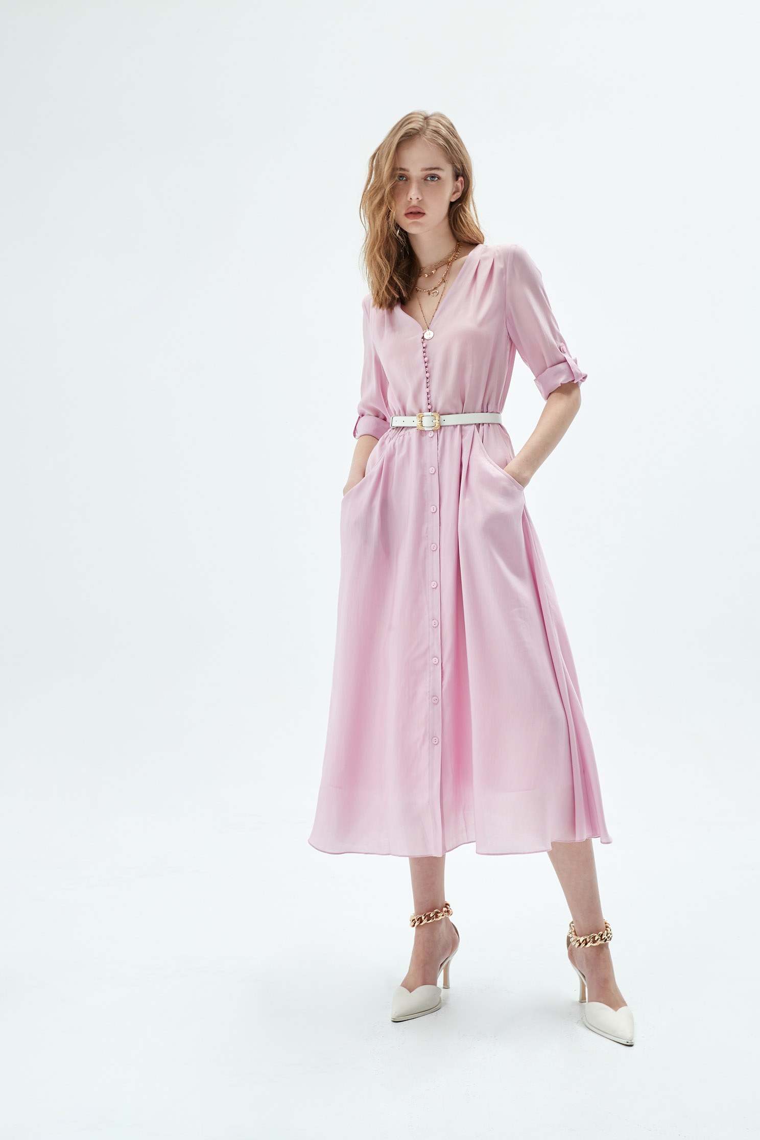 粉紫排釦棉感長洋裝