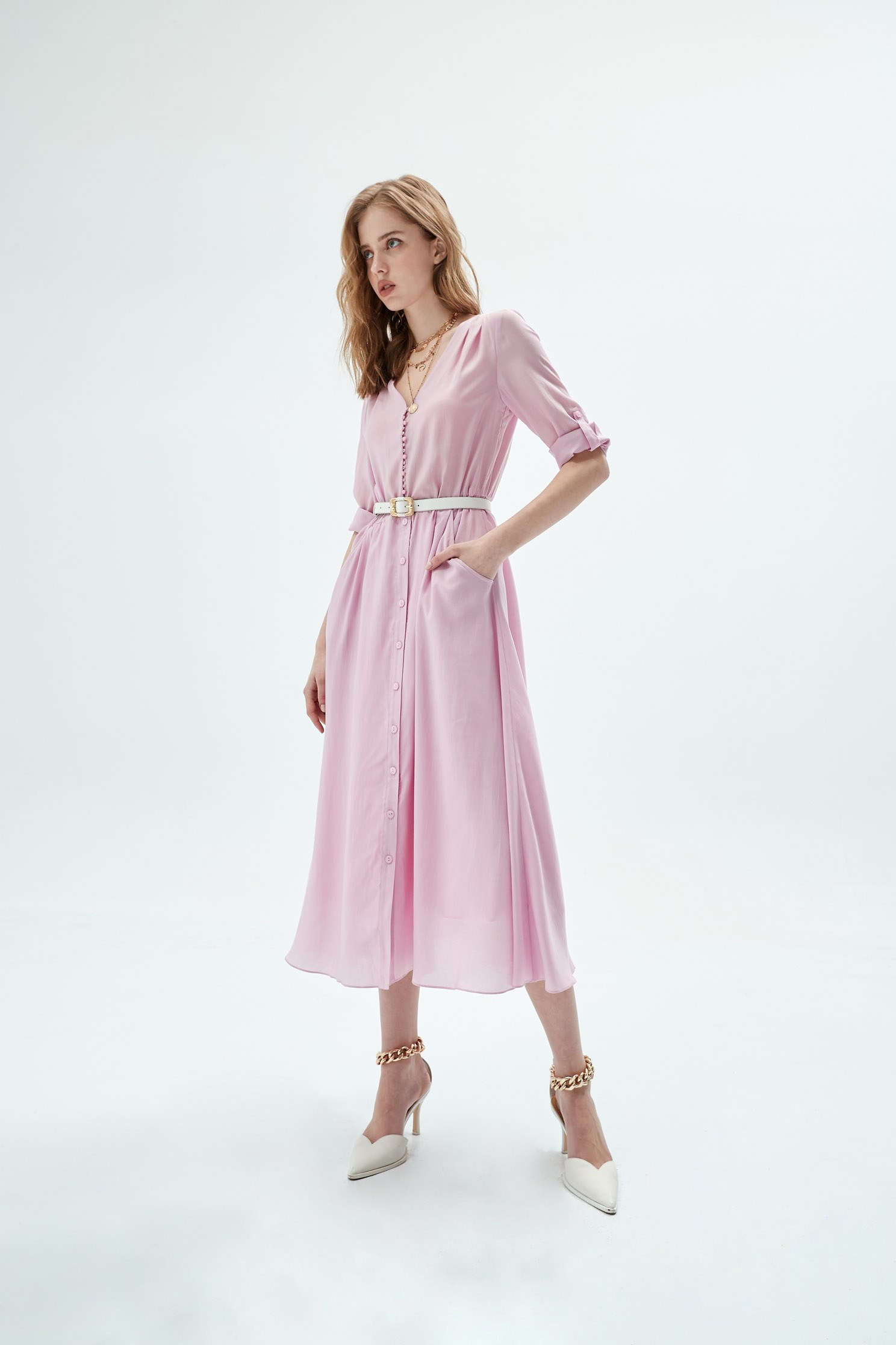 Breasted pinkish purple long cotton dress,Dresses,Season (SS) Look,coolsummer,iROO LIVE,Maxi dresses