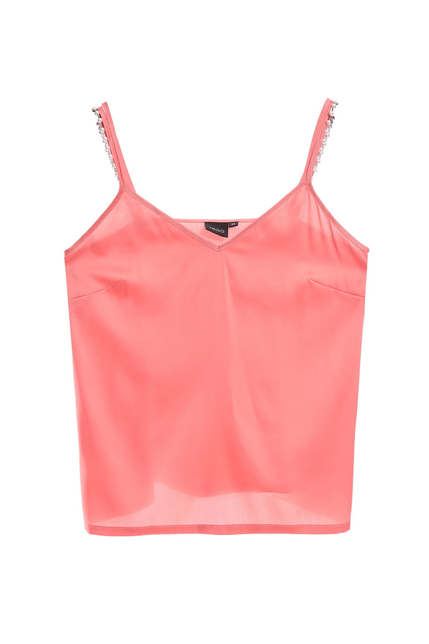 V-neck vest with faux pearl chain straps,sleeveless tops,Season (SS) Look,coolsummer,pearl,healing colors,iROO LIVE,Pink,Thin straps,sleeveless tops