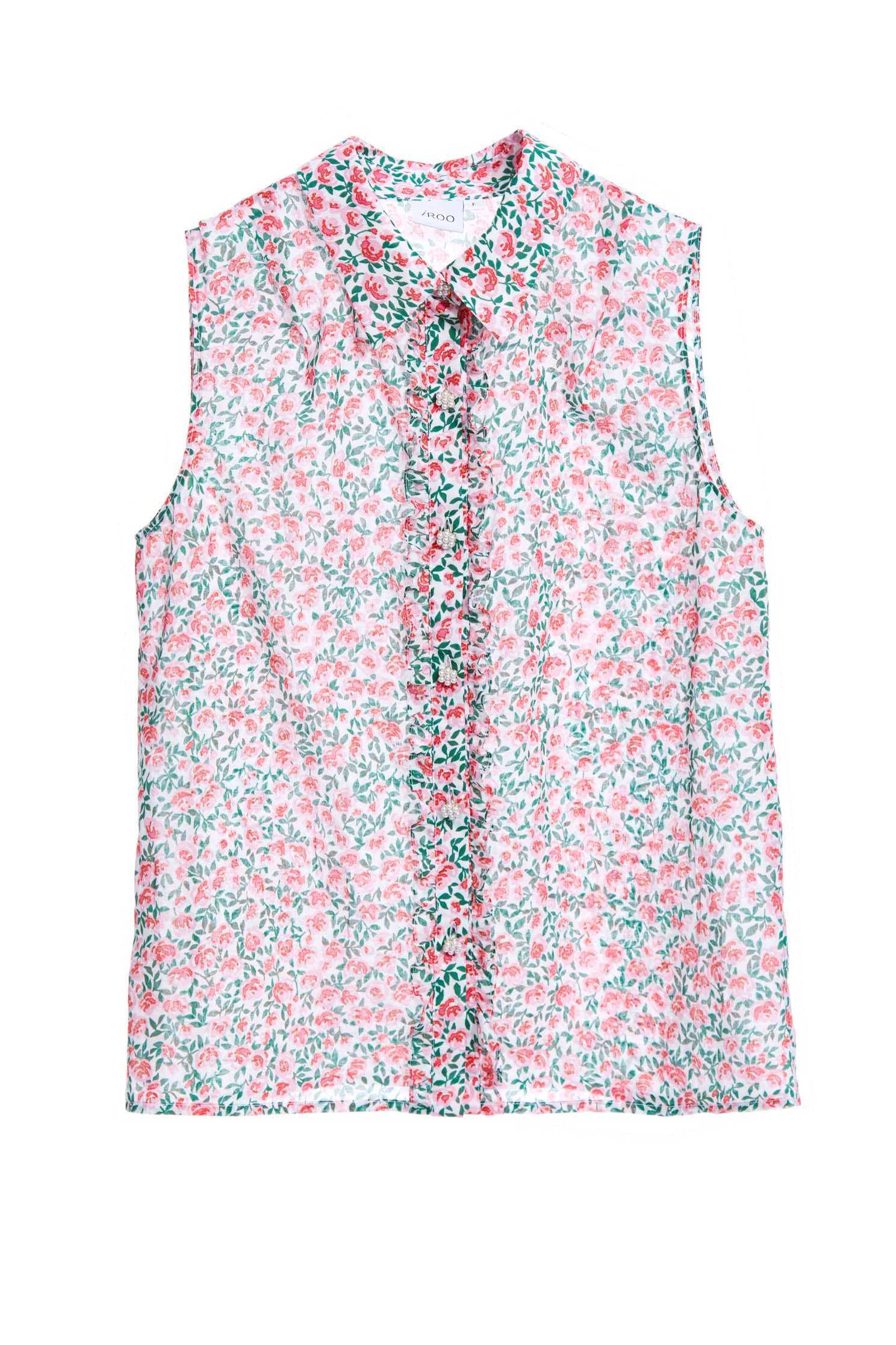 Cotton vest-style top with small red floral print,Tops,Tops,Season (SS) Look,Sleeveless tops,Pink,Tops,Blouses