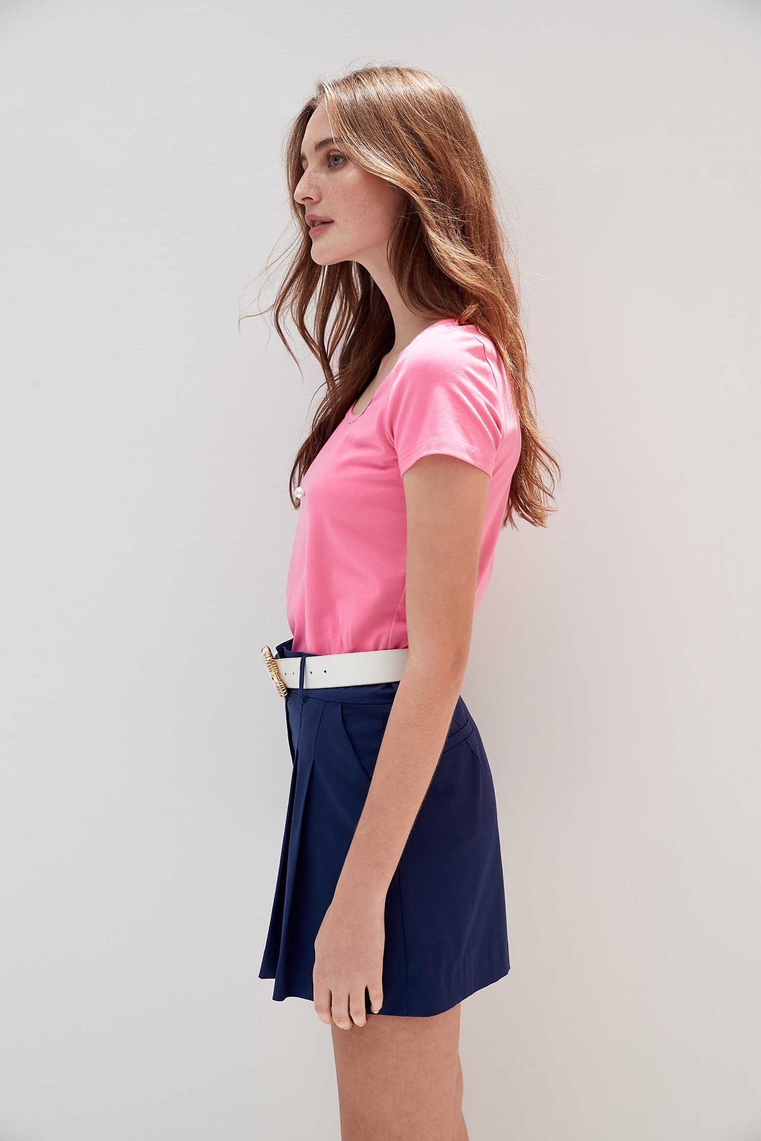 Low-cut square collar white cotton T-shirt with shell patten,T-shirts,Season (SS) Look,Pink,Cotton
