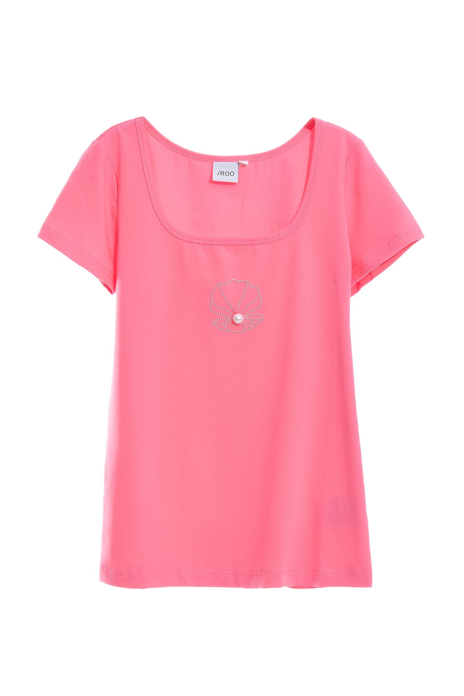 Low-cut square collar white cotton T-shirt with shell patten,T-shirts,Season (SS) Look,Pink,Cotton