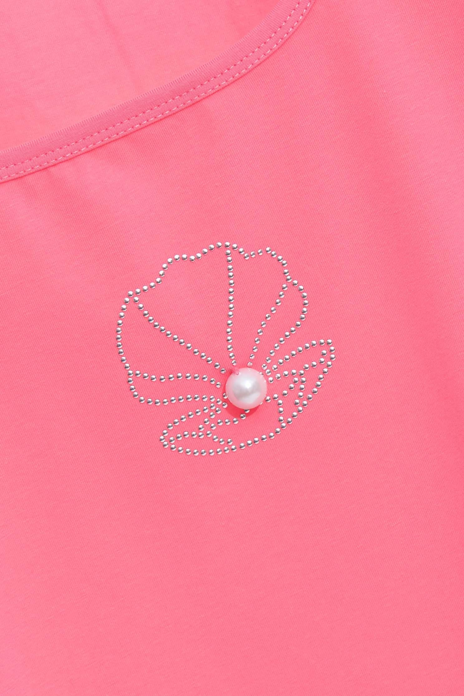 Low-cut square collar white cotton T-shirt with shell patten,T-shirts,Season (SS) Look,Pink,Cotton