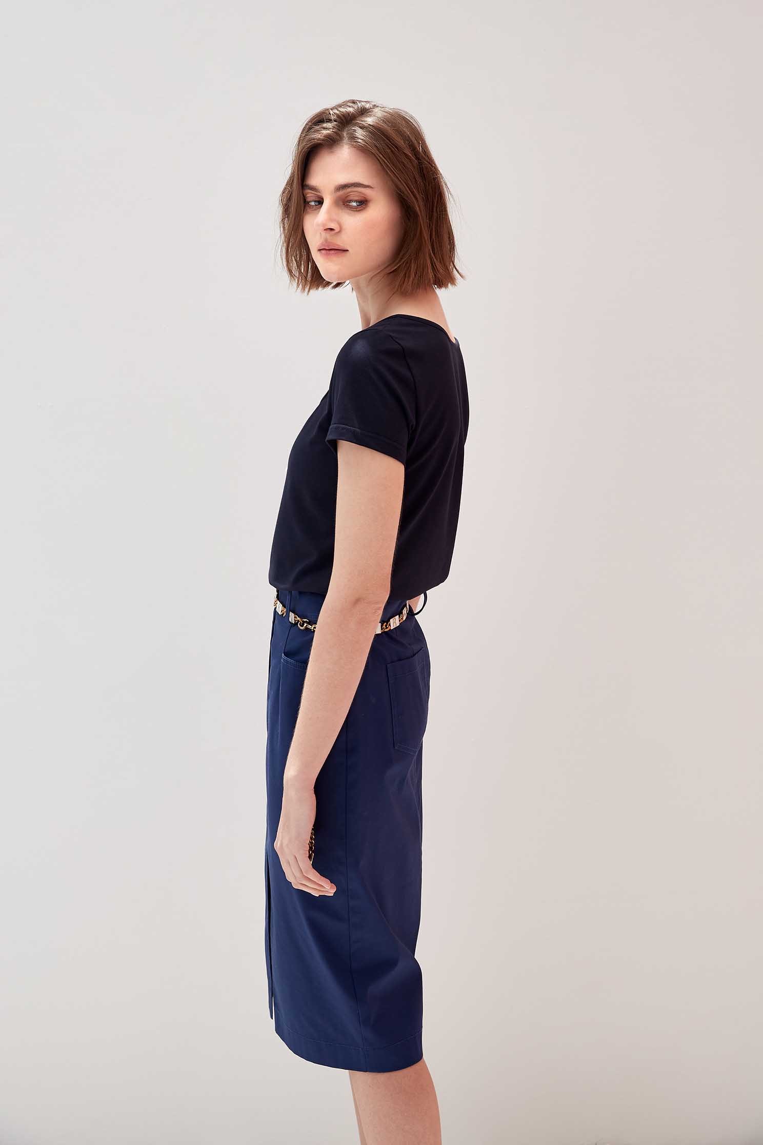Low-cut square collar white cotton T-shirt with shell patten,T-shirts,Season (SS) Look,Pink,Cotton