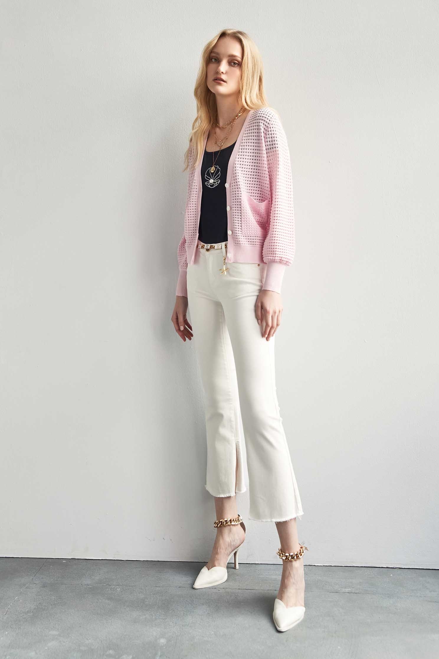 Low-cut square collar white cotton T-shirt with shell patten,T-shirts,Season (SS) Look,Pink,Cotton