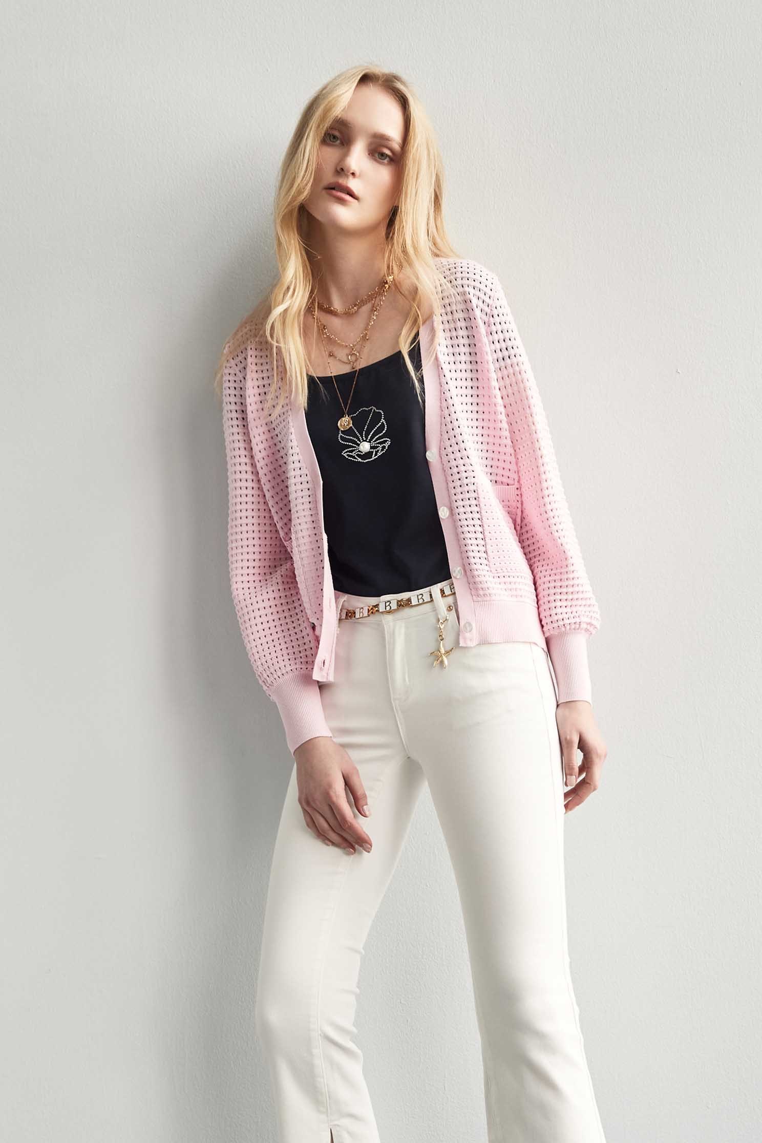 Low-cut square collar white cotton T-shirt with shell patten,T-shirts,Season (SS) Look,Pink,Cotton