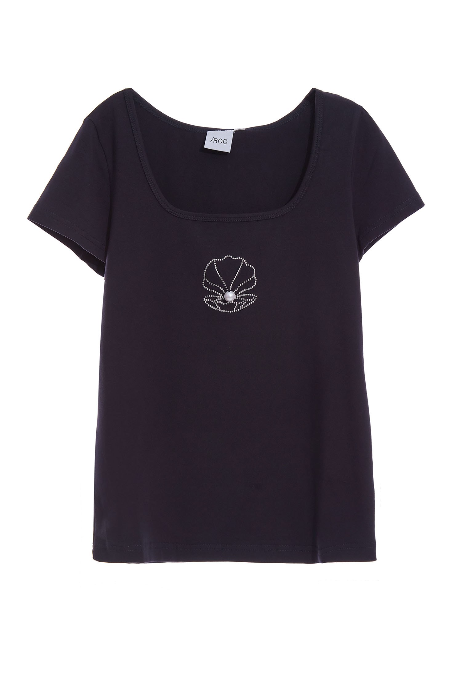 Low-cut square collar white cotton T-shirt with shell patten,T-shirts,Season (SS) Look,Pink,Cotton