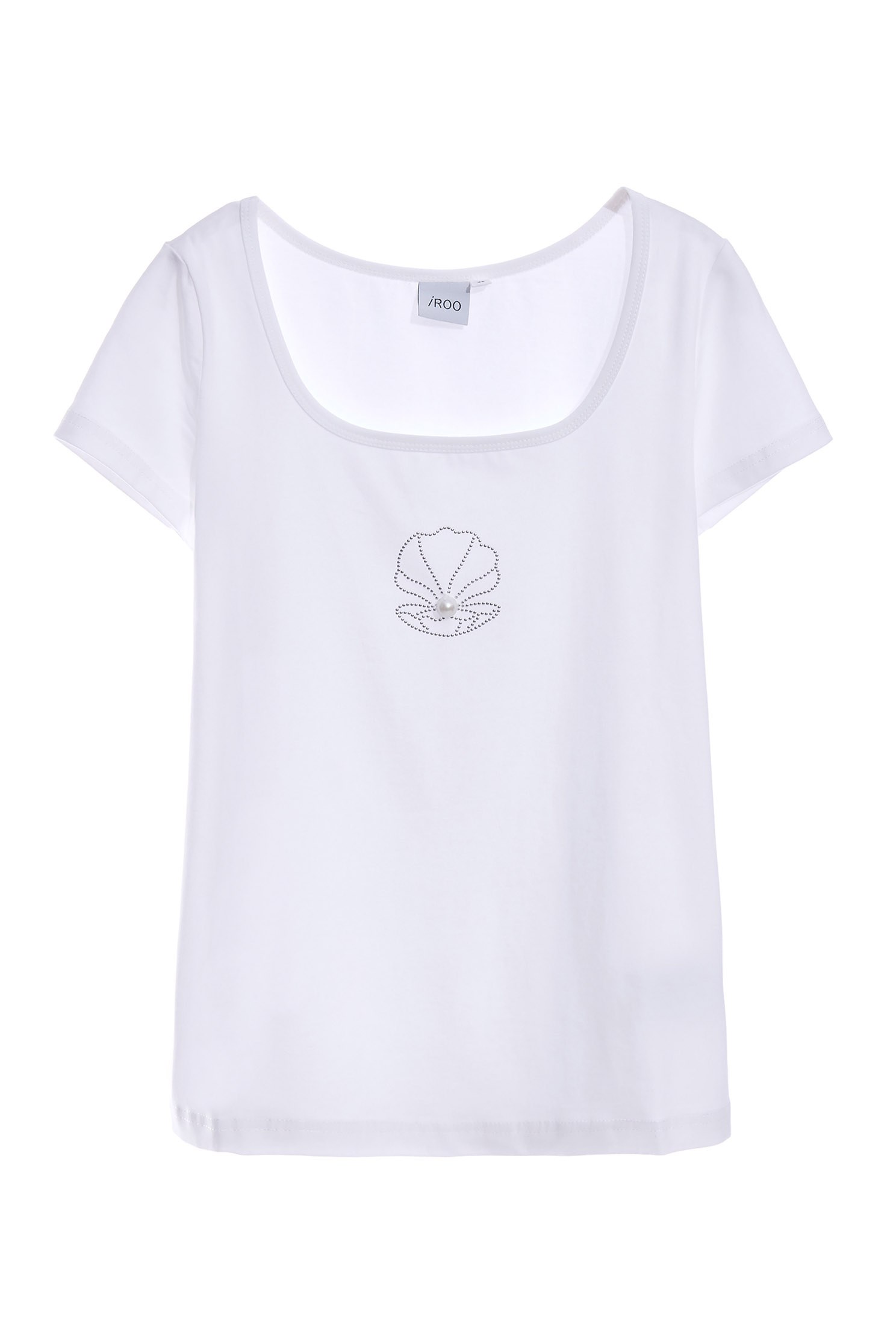 Low-cut square collar white cotton T-shirt with shell patten,T-shirts,Season (SS) Look,Pink,Cotton