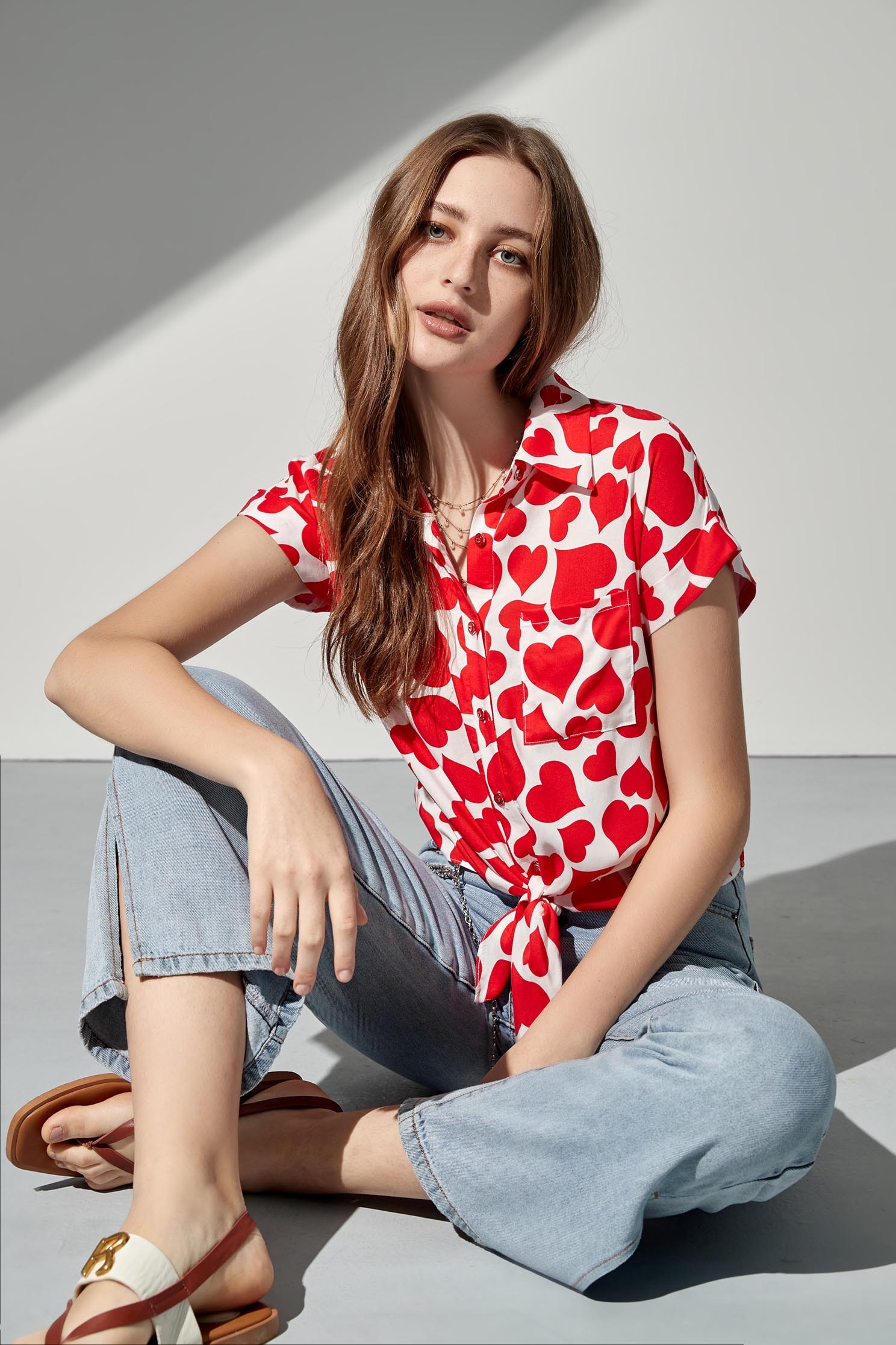 Red love print shirt with tie,Tops,Rayon,Season (SS) Look,Blouses