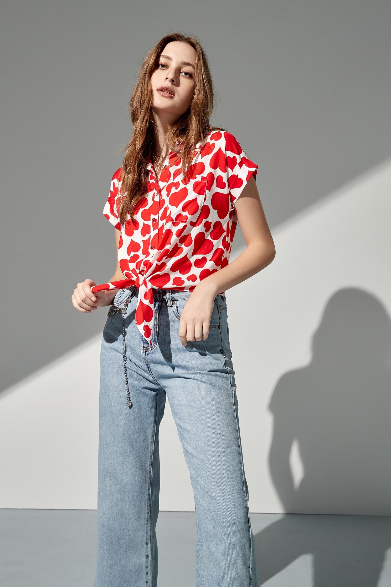 Red love print shirt with tie,Tops,Rayon,Season (SS) Look,Blouses