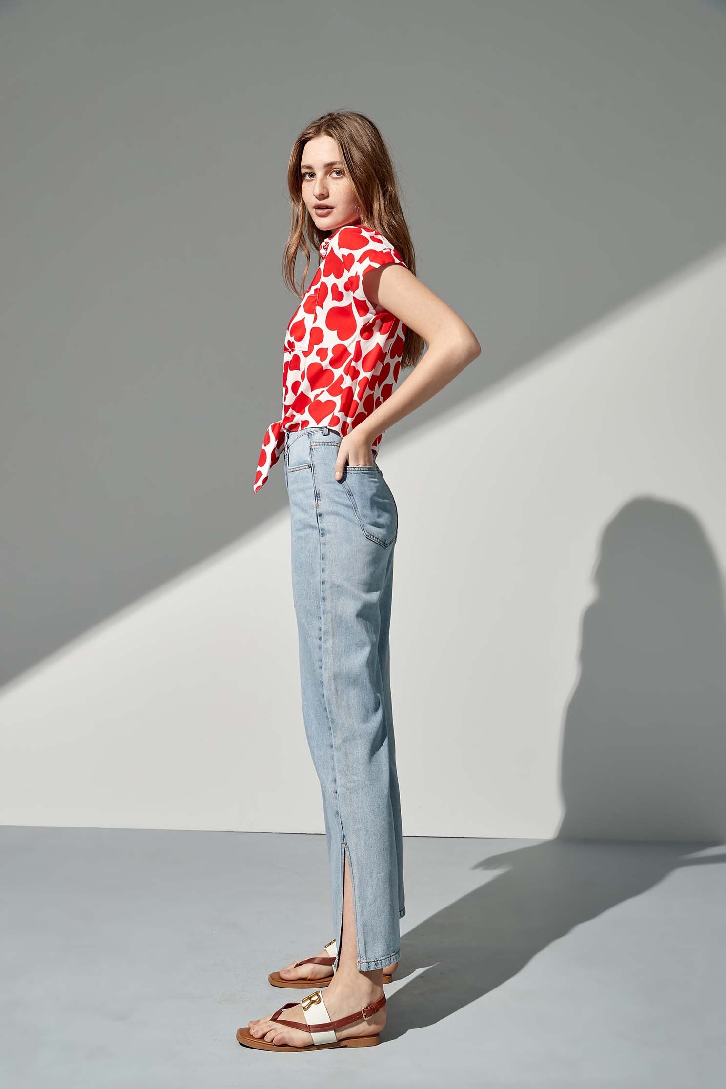 Red love print shirt with tie,Tops,Rayon,Season (SS) Look,Blouses