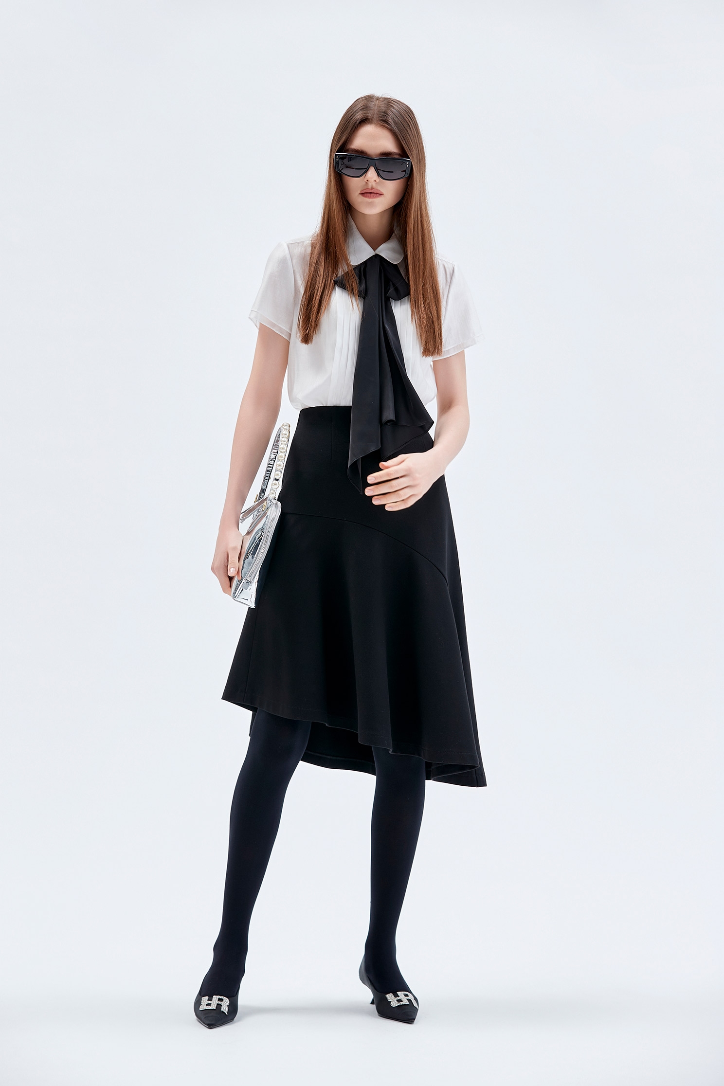 絲棉活動領巾綁帶單品Short Sleeve Blouse With Contrast Bow,內搭上衣,秋冬穿搭,襯衫