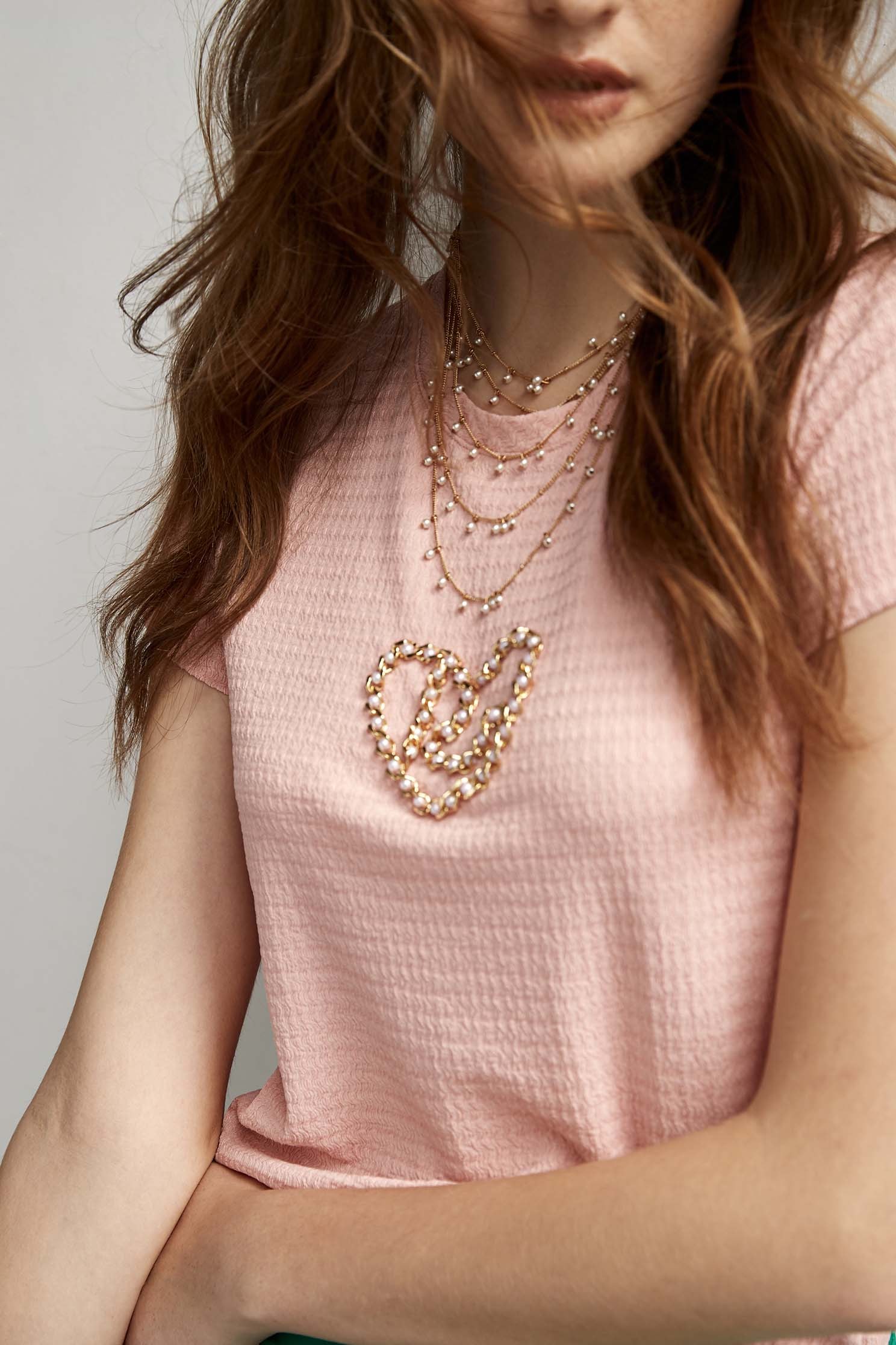 Embellished faux pearl chain T-shirt,T-shirts,Tops,Season (SS) Look,Pink