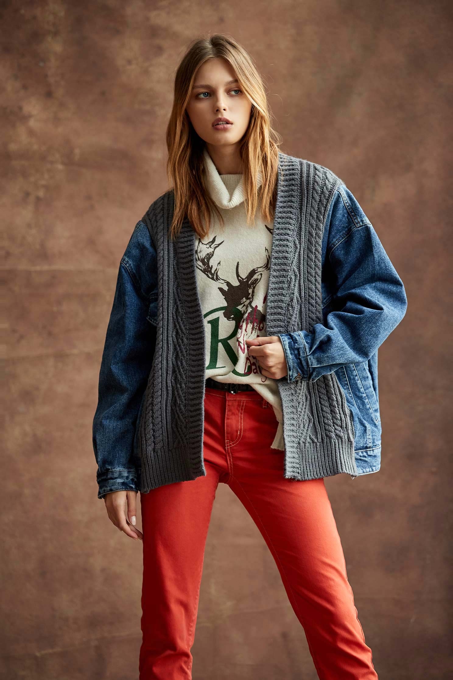 Knit contrast denim jacket,Jackets,Ready for Winter,Outerwear,Denim,Denim Jaackets,Season (AW) Look,Knitted