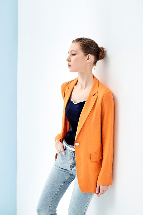 橘色棉麻經典西裝外套,西裝外套