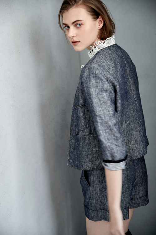 Collarless fake denim jacket