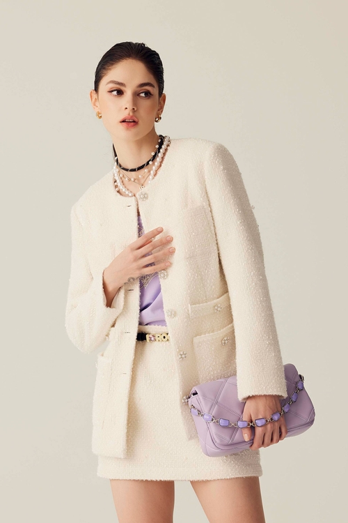 輕奢奶白珍珠開襟外套,長版外套