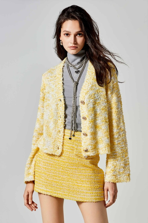 櫻草黃混白紗針織外套,長袖外套