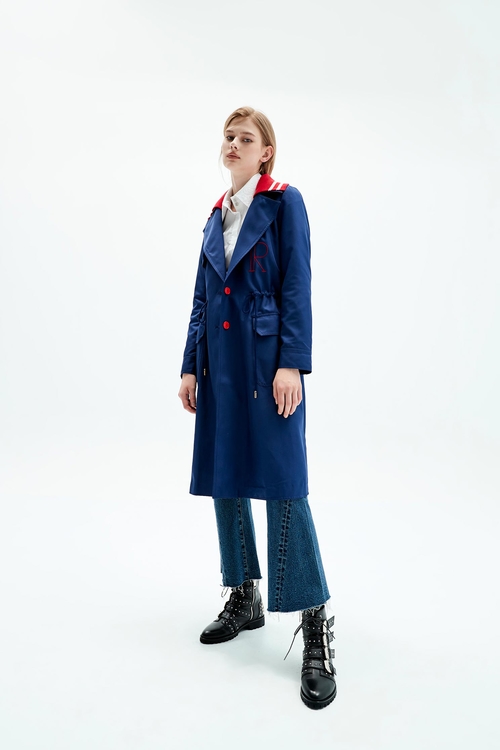 Dark blue letter embroidered trench coat