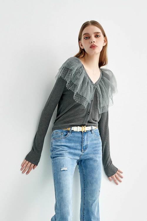 Double-mesh tulle knit cardigan with ruffle trims
