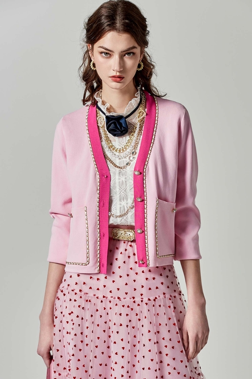 粉鑽色小香風鏈飾針織外套,,粉鑽色小香風鏈飾針織外套,人氣商品,外套,春夏穿搭,針織,針織外套