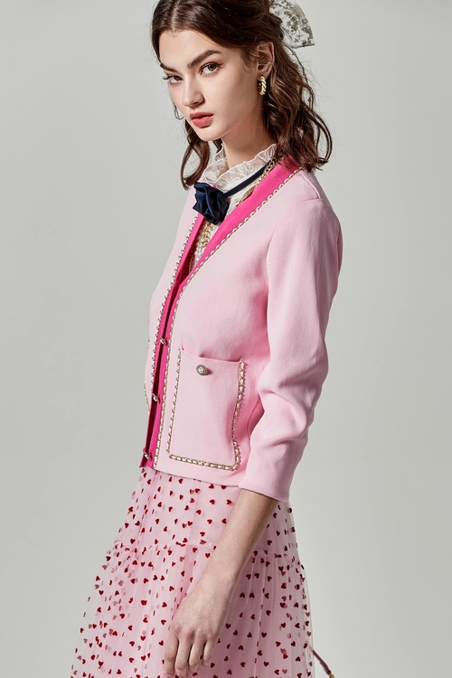 粉鑽色小香風鏈飾針織外套,外套