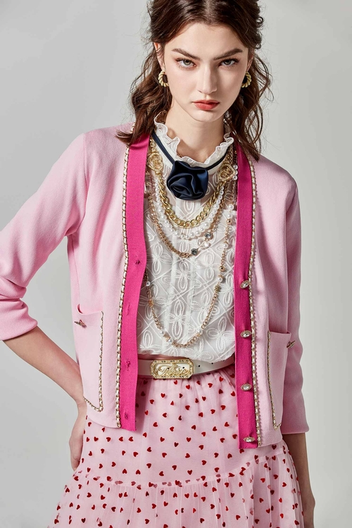 粉鑽色小香風鏈飾針織外套,春夏穿搭