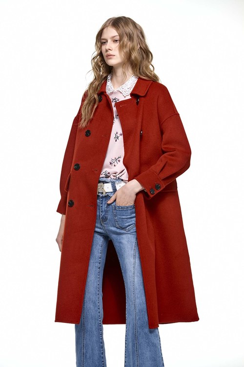 禦寒修身羊毛大衣,紅色,素色
