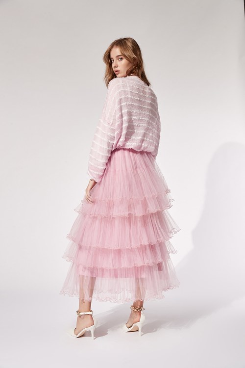 荷葉捲邊長版網紗裙,粉色的力量
