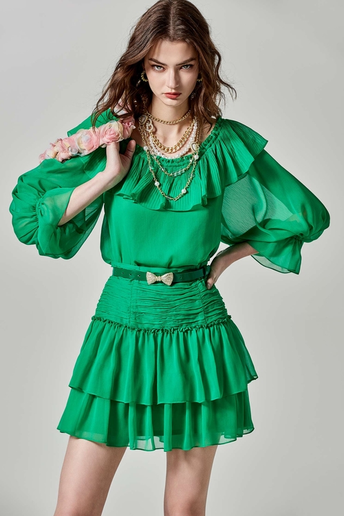耀光綠雪紡短裙,短裙