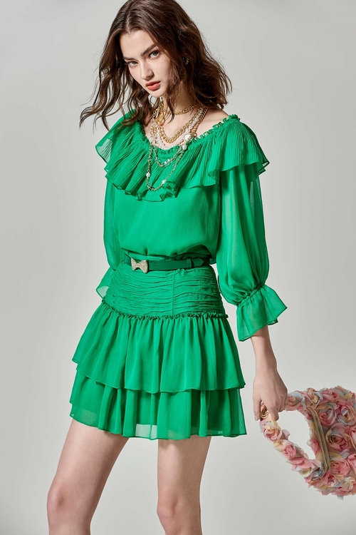 耀光綠雪紡短裙,