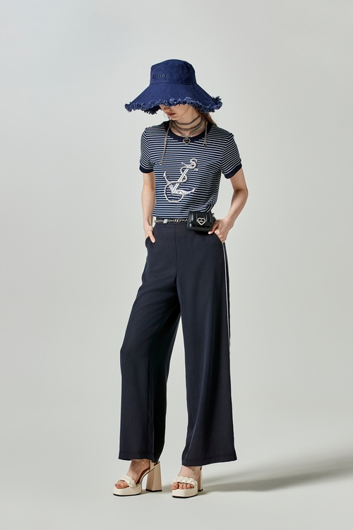 海軍藍斜邊織帶設計長寬褲,寬褲,褲子
