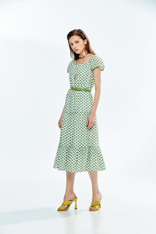 綠棉花朵刺繡洋裝,一字領洋裝