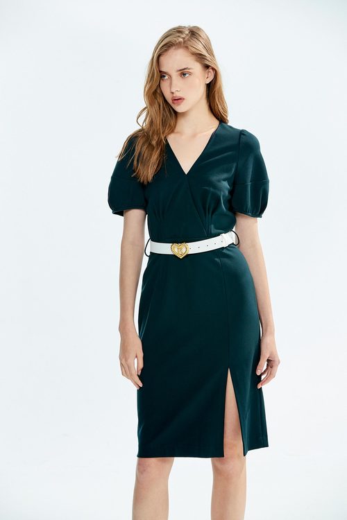 Dark green V-neck dress with puff sleeves