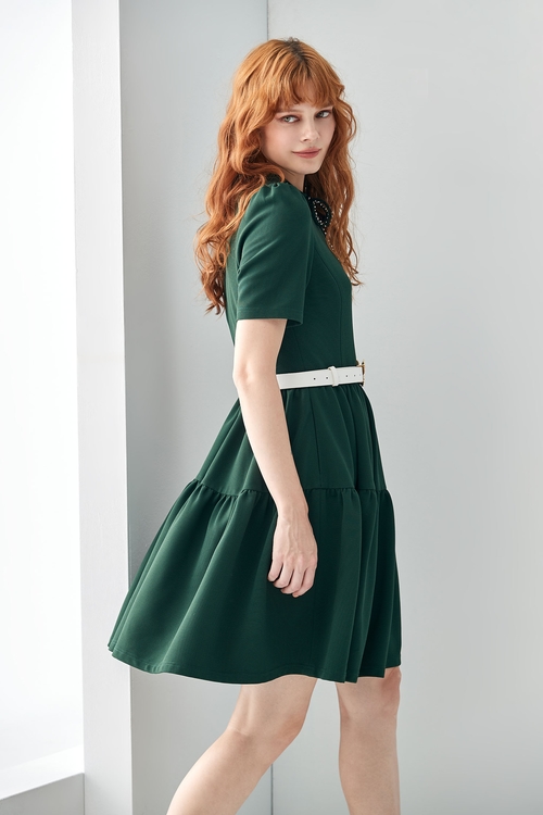 典雅宮廷風銅綠色洋裝,蝴蝶結